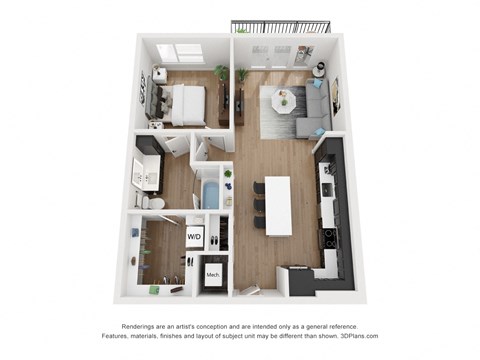 Floor plan for 1 bed, 1 bath, 775 sqft